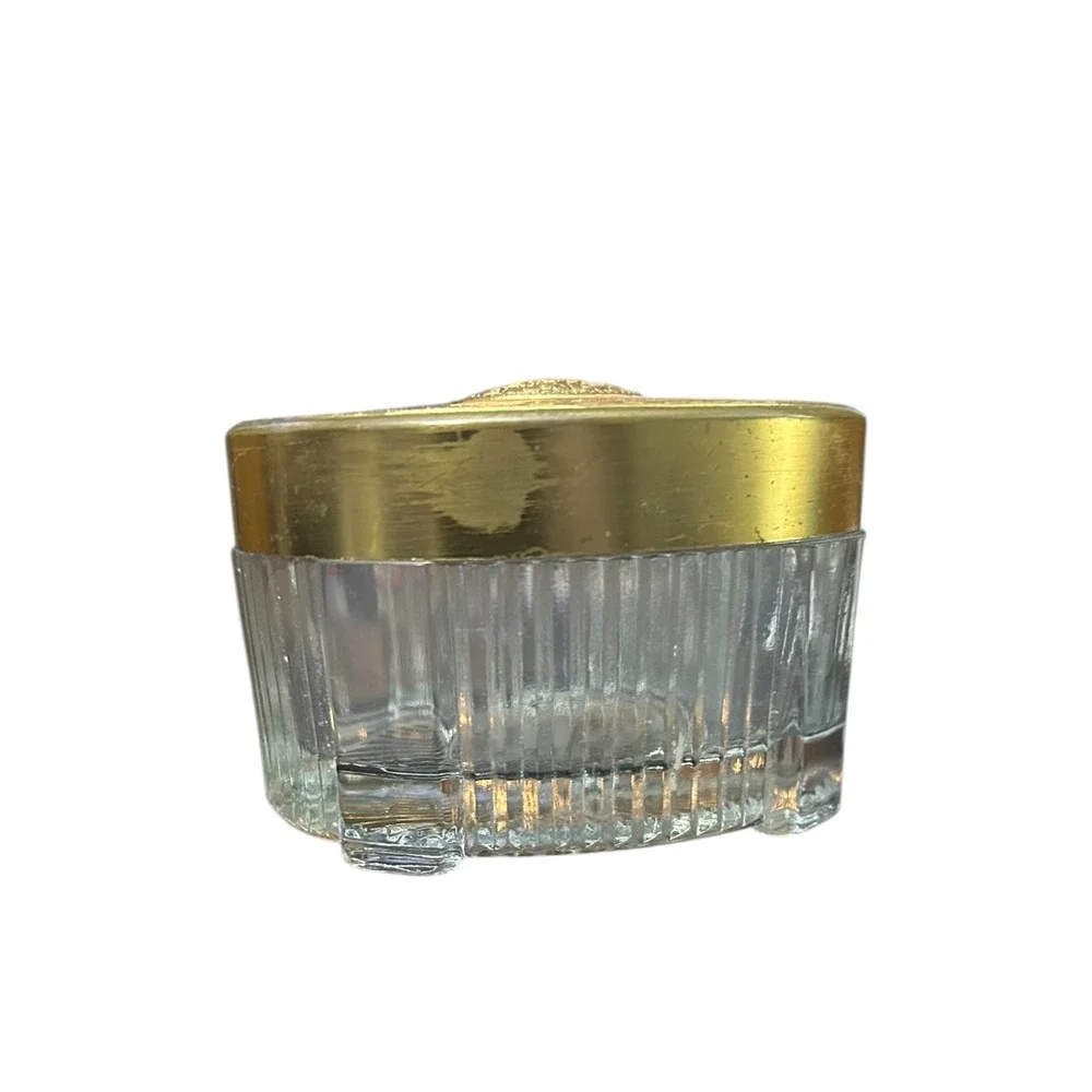 Vintage Art Deco Oval Glass Vanity Jars Set of 3 Brass Floral Embossed Lids